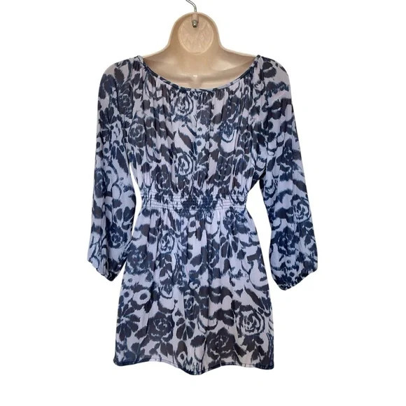 NWT Boston Proper Blocked Floral Top Blouse Tie Front Size XS - Picture 3 of 10